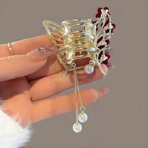 Luxury Butterfly Hair Claw Clip with Sparkling Rhinestones, Velvet Flowers & Dangling Pearl Tassels - Elegant Decorative Hair Accessory for Women, Girls, Brides, Weddings, Parties - General Mart