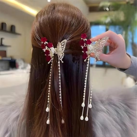 Luxury Butterfly Hair Claw Clip with Sparkling Rhinestones, Velvet Flowers & Dangling Pearl Tassels - Elegant Decorative Hair Accessory for Women, Girls, Brides, Weddings, Parties - General Mart