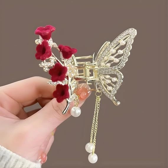 Luxury Butterfly Hair Claw Clip with Sparkling Rhinestones, Velvet Flowers & Dangling Pearl Tassels - Elegant Decorative Hair Accessory for Women, Girls, Brides, Weddings, Parties - General Mart